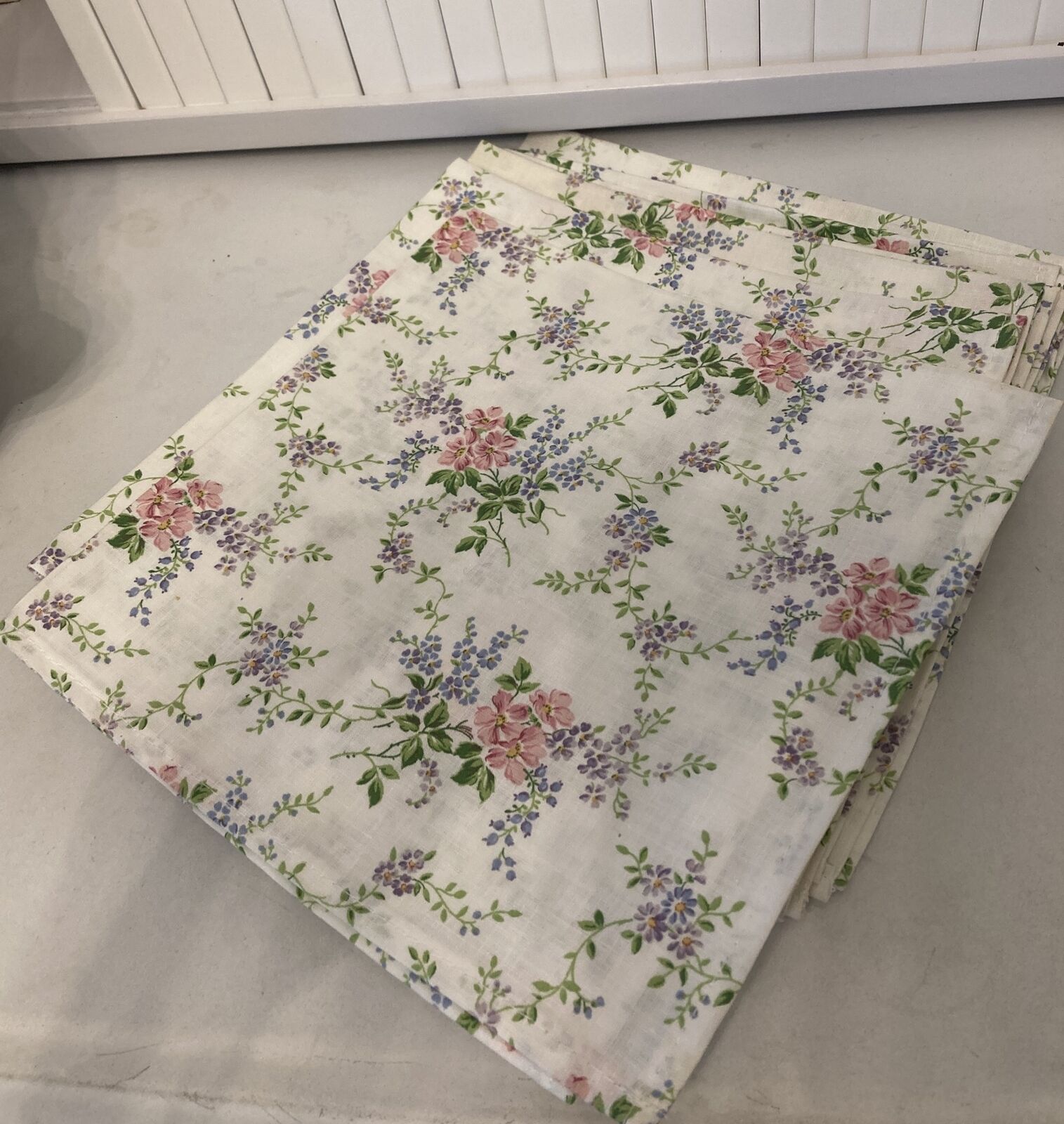 7 French Country Floral Cotton Napkins White Pink Green Floral 16”x 16”