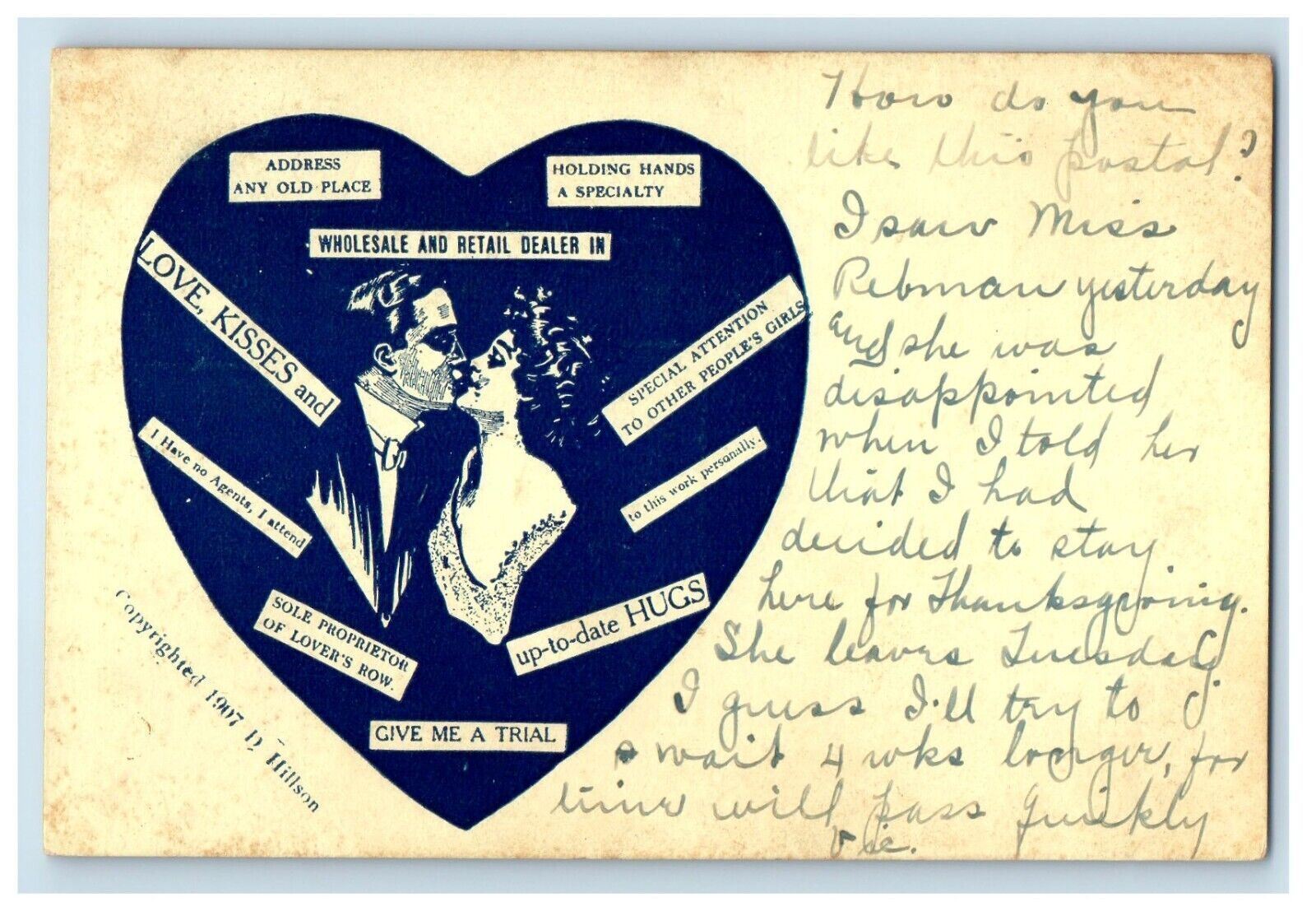 c1910\'s Valentine Blue Hearts Boy And Girl Kissing Posted Antique Postcard
