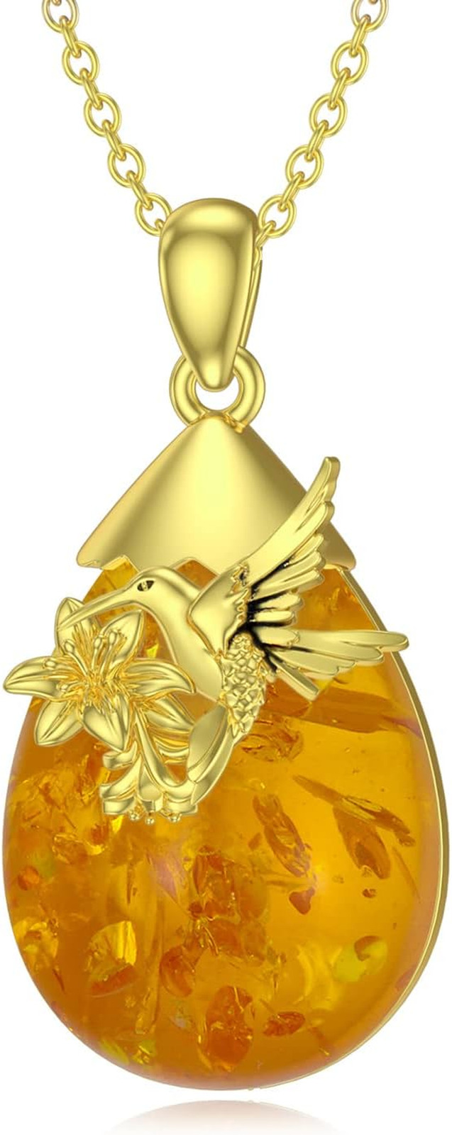 Hummingbird Amber Pendant Necklace 14K Gold Plated Sterling Silver Gifts Women