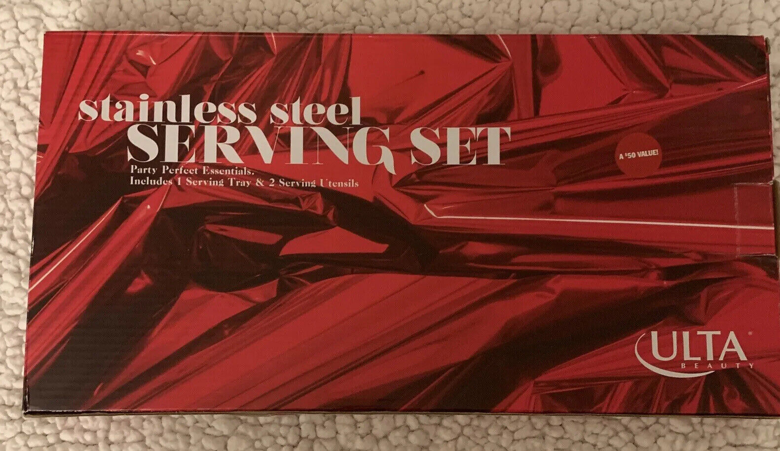 Ulta NIB Three Piece Stainless Steel Serving Tray with Utensils. Party Perfect