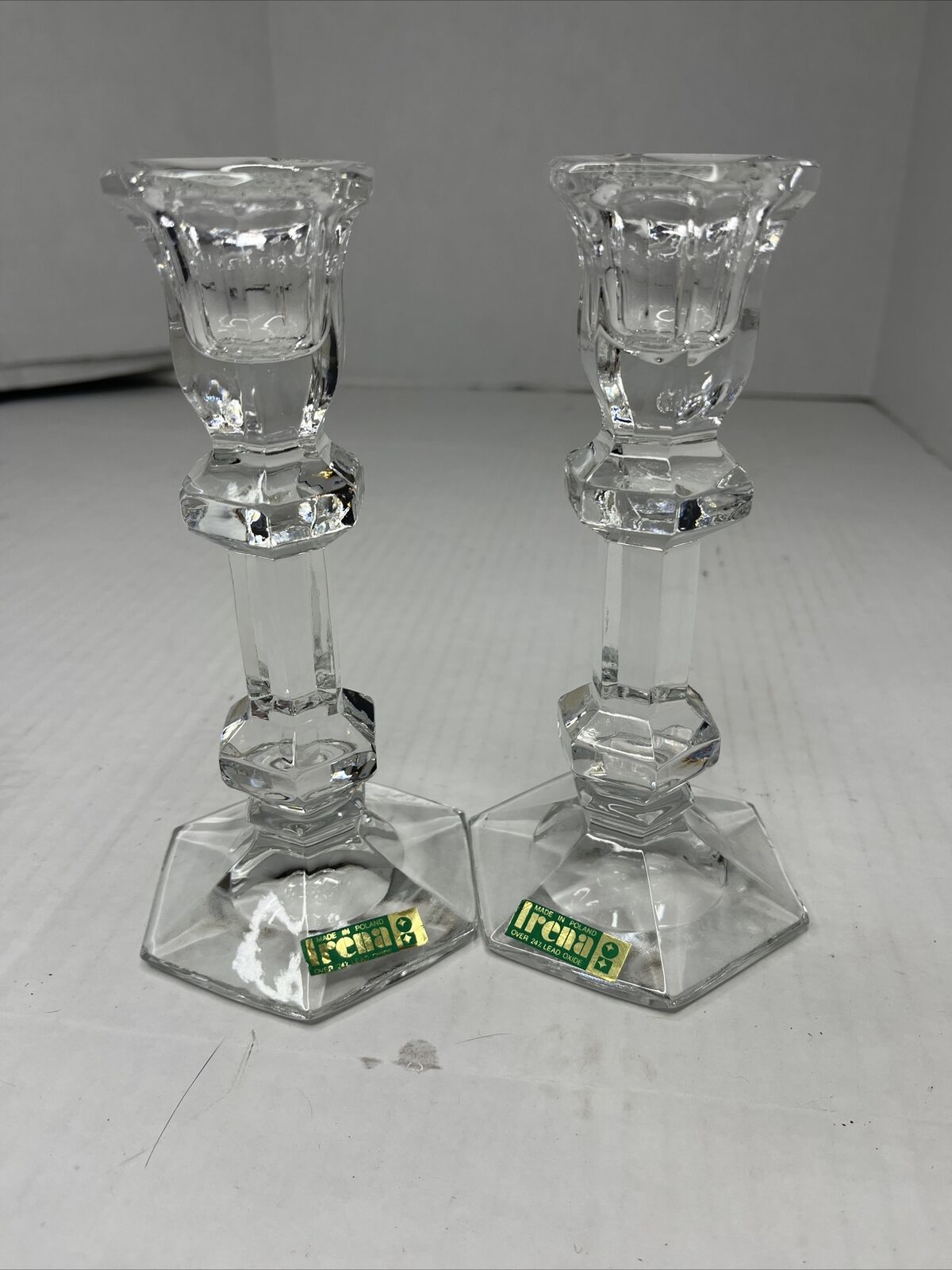 Set of Two (2) Irena 24% lead oxide Crystal Diamond Cut Glass Candle Stick
