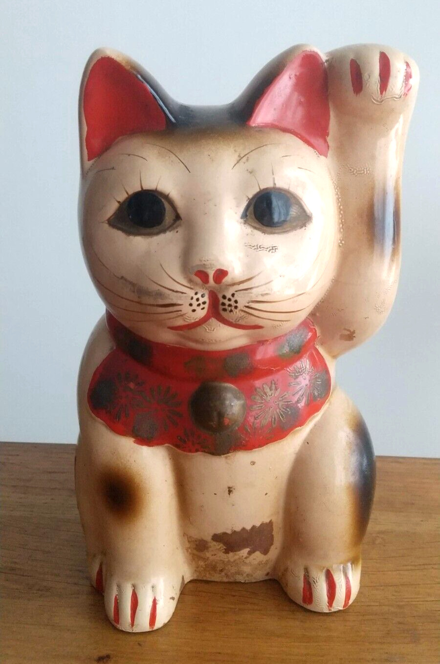 Japanese Beckoning Cat, coin bank Maneki Neko antique Lucky Charm calico cat