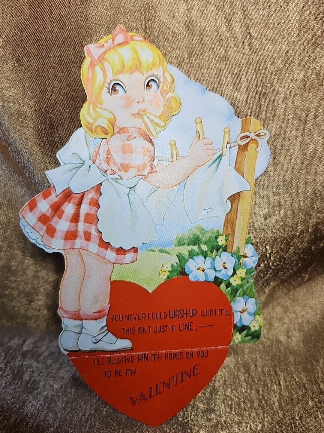 Vintage 1930s Mechanical Valentine Card Die Cut Laundry Girl Checkered Dress