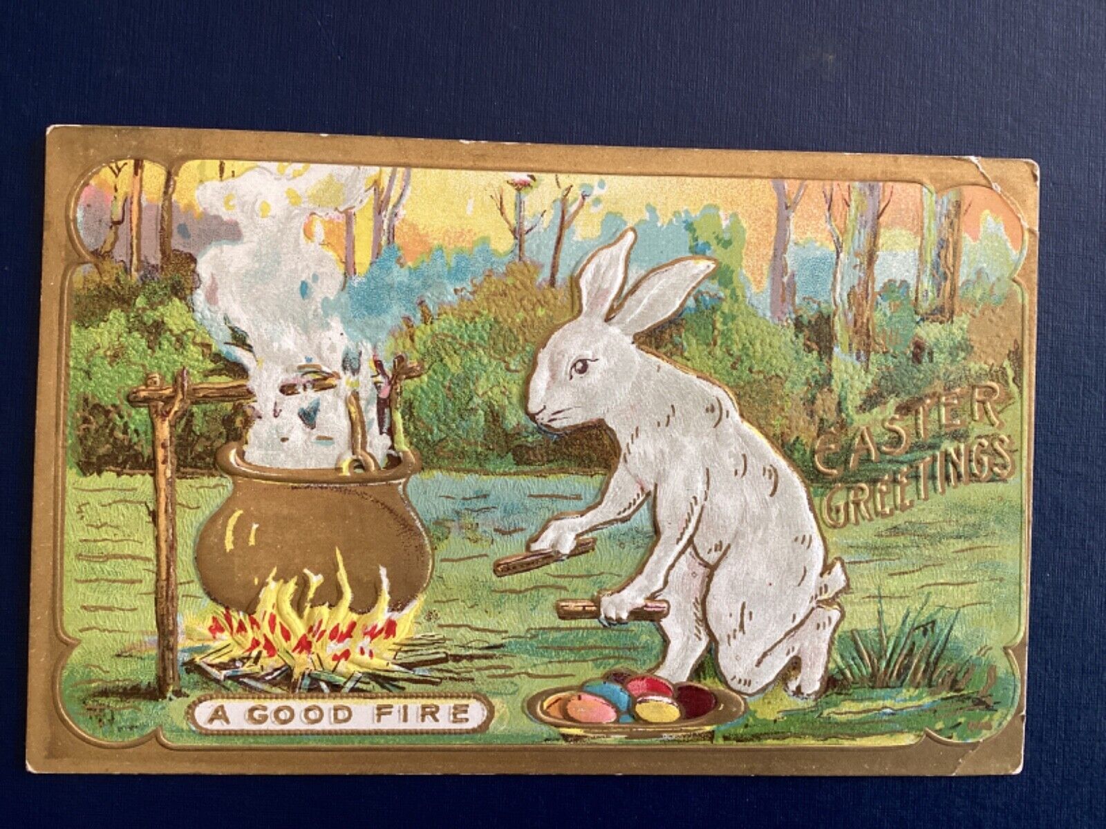 Postcard Easter Greetings Anthropomorphic rabbit eggs Good Fire Embossed 1909 C1