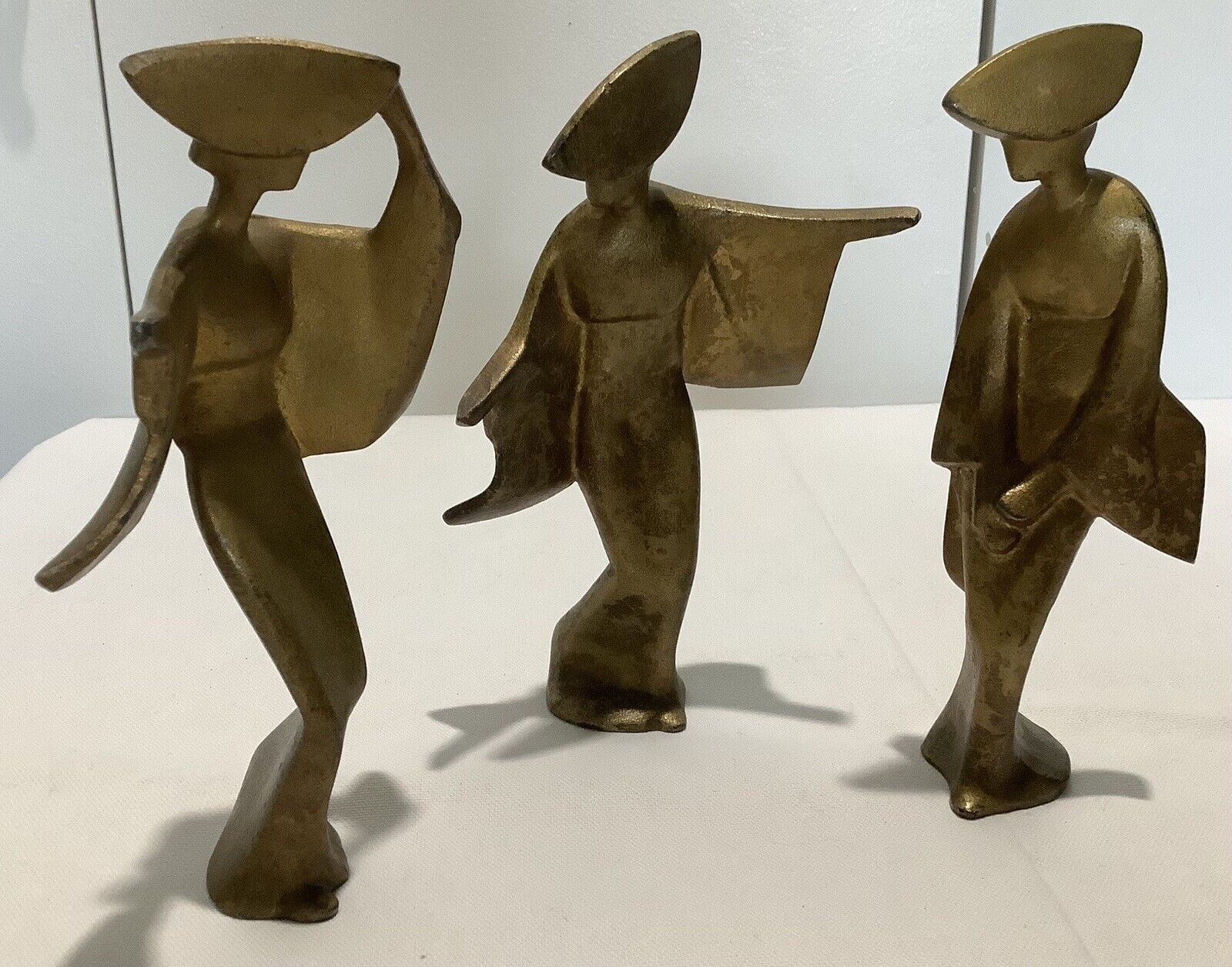 3 Mid Century Gilded Cast Iron Geisha Girls Japanese Decorative Figurines