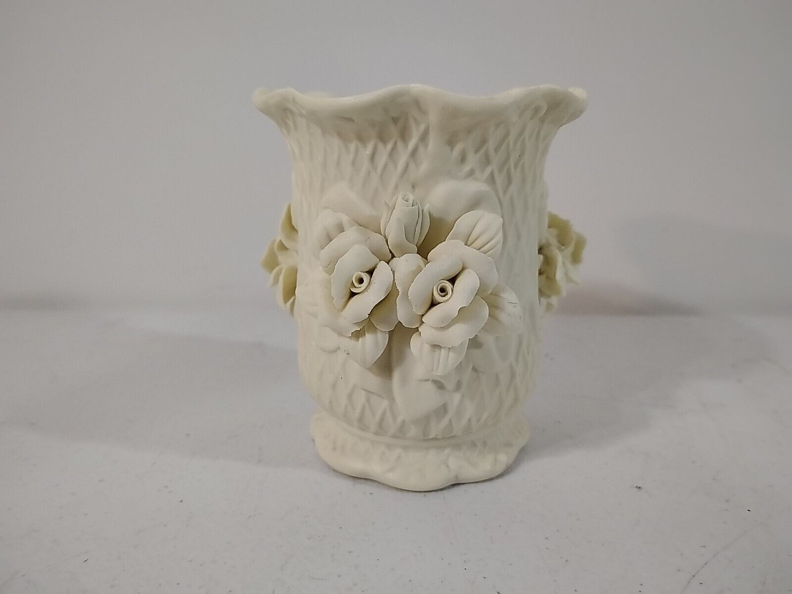 *Antique Bisque Porcelain 3D Raised Flower Vase* 4.25