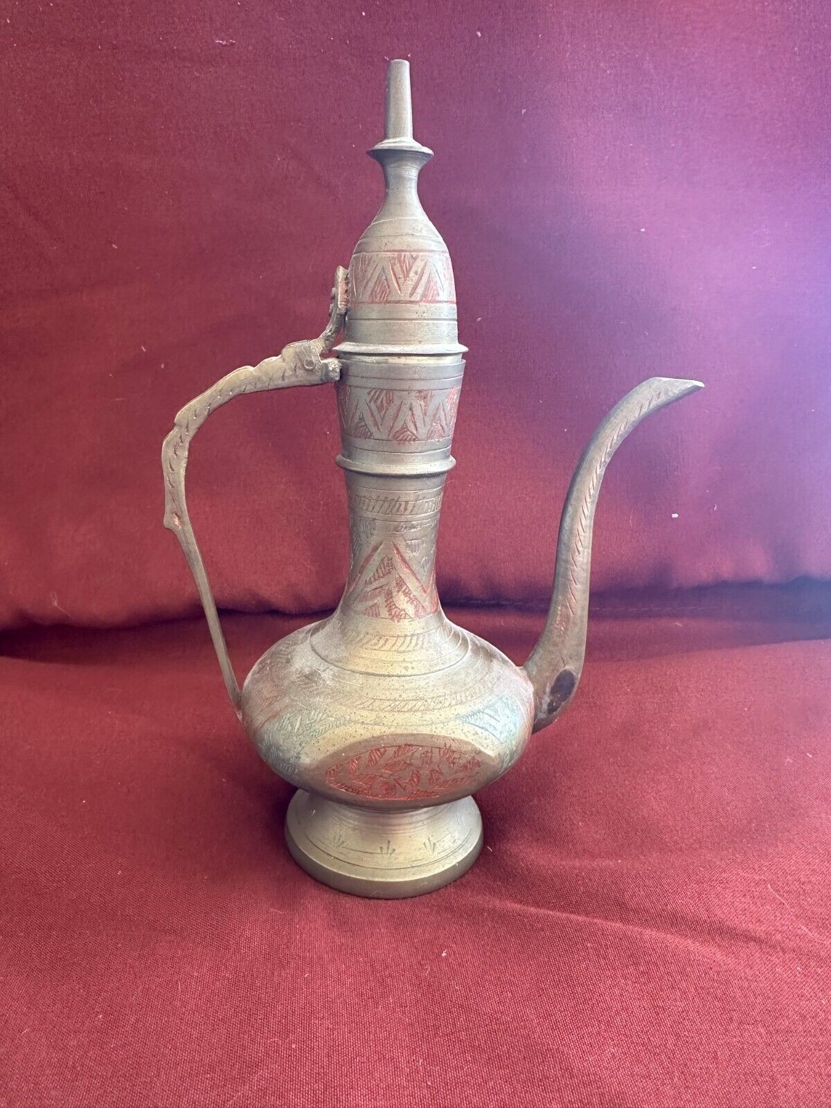 Vintage Bronze Pitcher with Red Detail