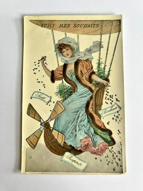 Vintage French greeting postcard woman in motorized balloon 1905 undivided