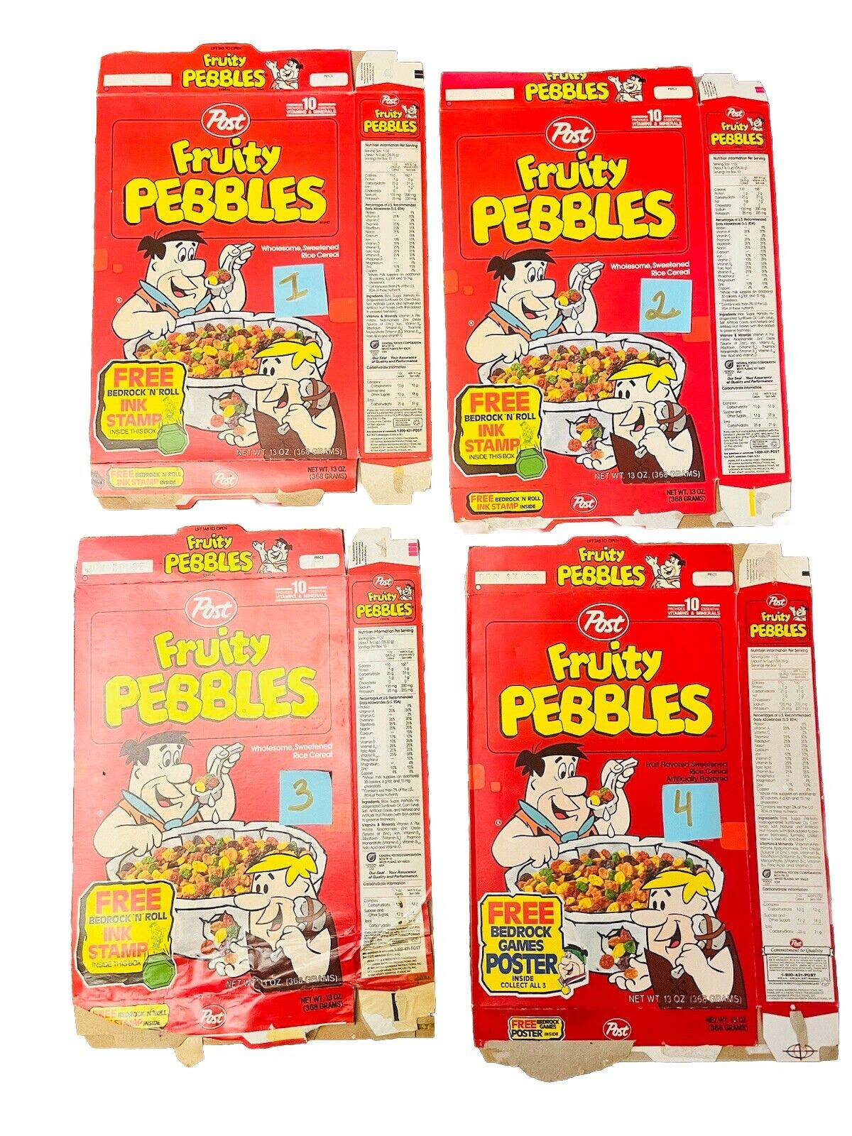 Vintage Fruity Pebbles Cereal Boxes Lot of 4 - Post 1980s 