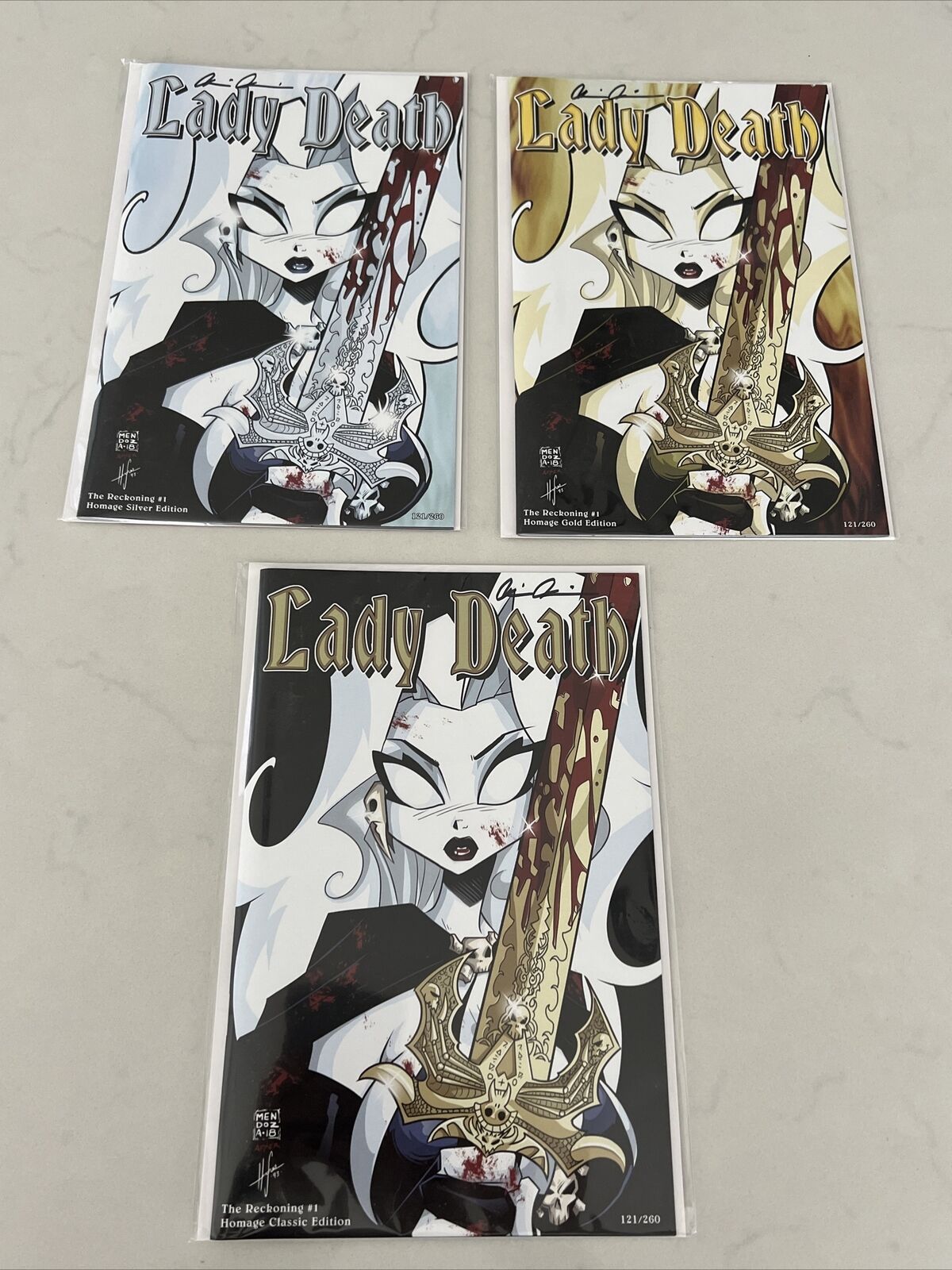 Lady Death: The Reckoning #1 Hughes Homage Classic, Silver, Gold Edition 121/260