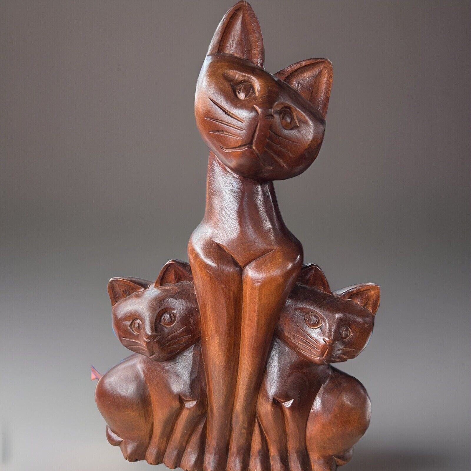 Rare Vintage 1950s Mid Century Modern Large Wooden Cat Trio Sculpture 12.5”