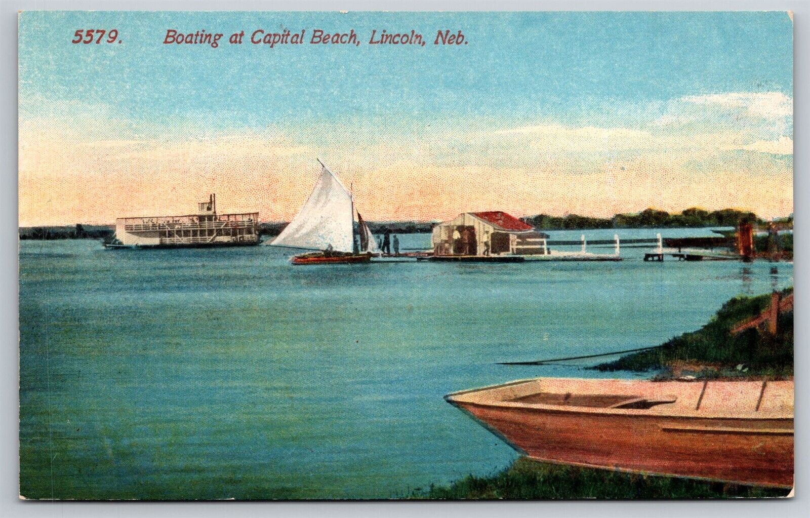 Lincoln NE Boating at Capital Beach Dock Steamer Sailboat Old Postcard 1910s
