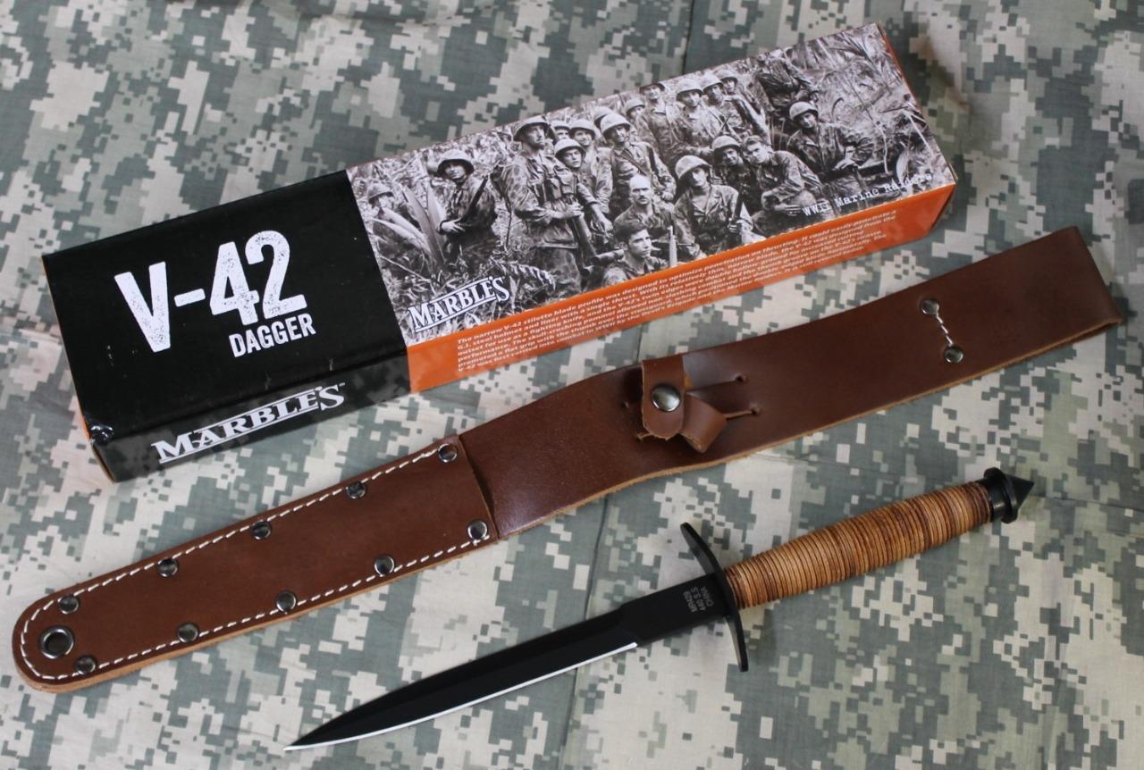 Marbles MR429 WWII Devils Brigade V-42 Replica Double Edge Dagger Leather Sheath