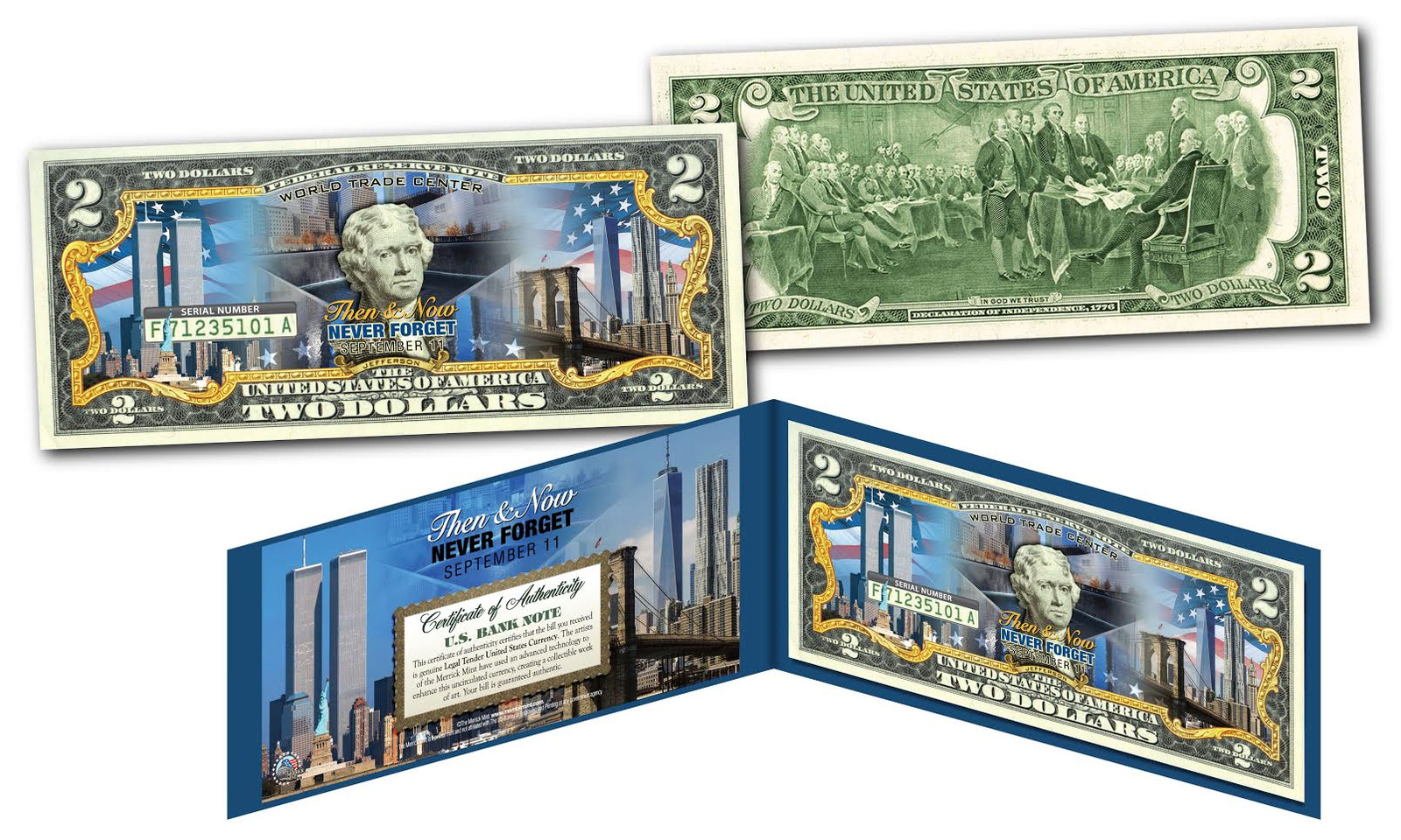 THEN & NOW - WTC 9/11 Freedom Tower NYC Official Legal Tender $2 US Bill **NEW**