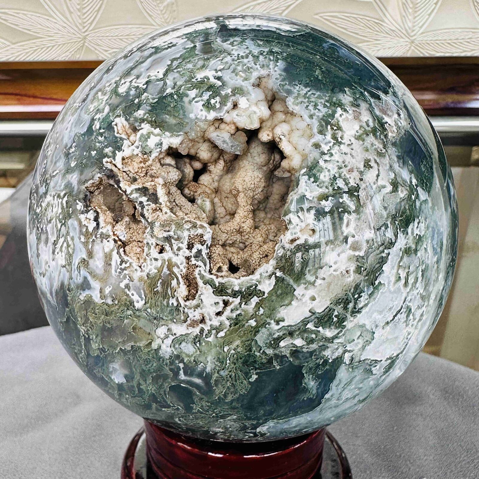 Natural Geode Aquatic Plant Water Grass Moss Agate Crystal Sphere Reiki 1719G