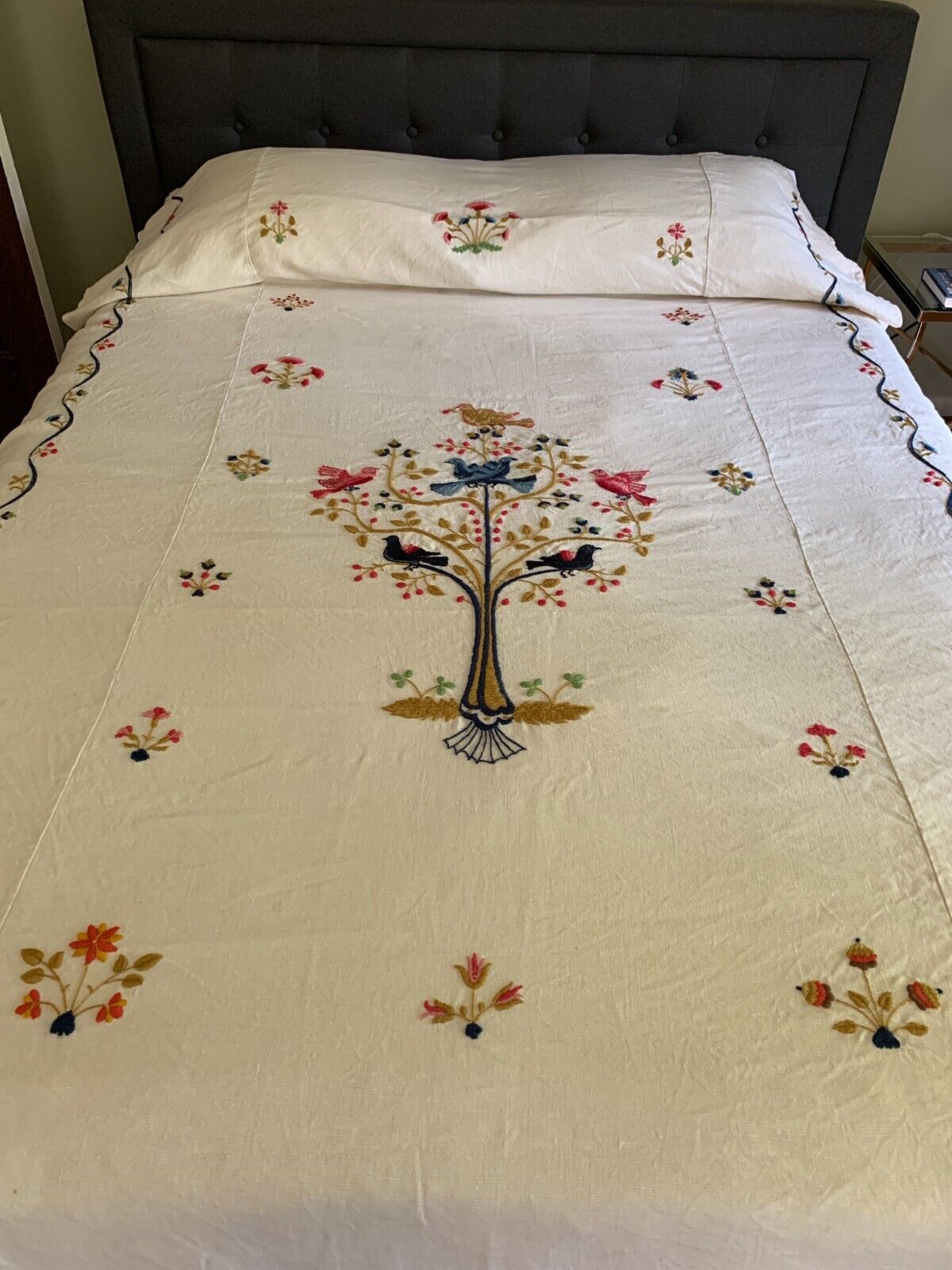 Vintage Bedspread JACOBEAN TREE OF PARADISE Crewel Embroidery Twin RARE 1960s
