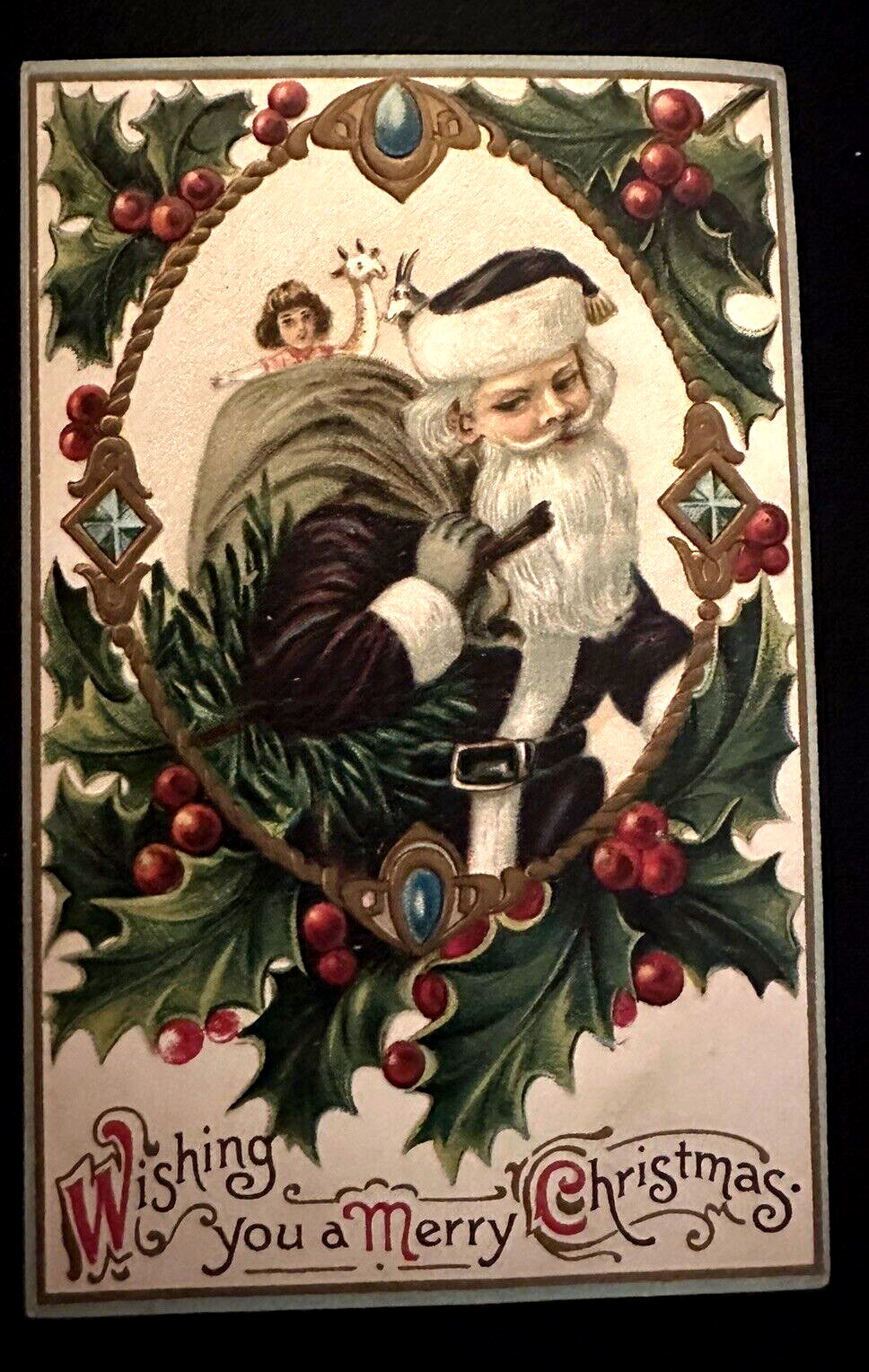 Purple Robe Santa Claus with Toy Sack~Doll~Jewel~Antique Christmas~Postcard~k644