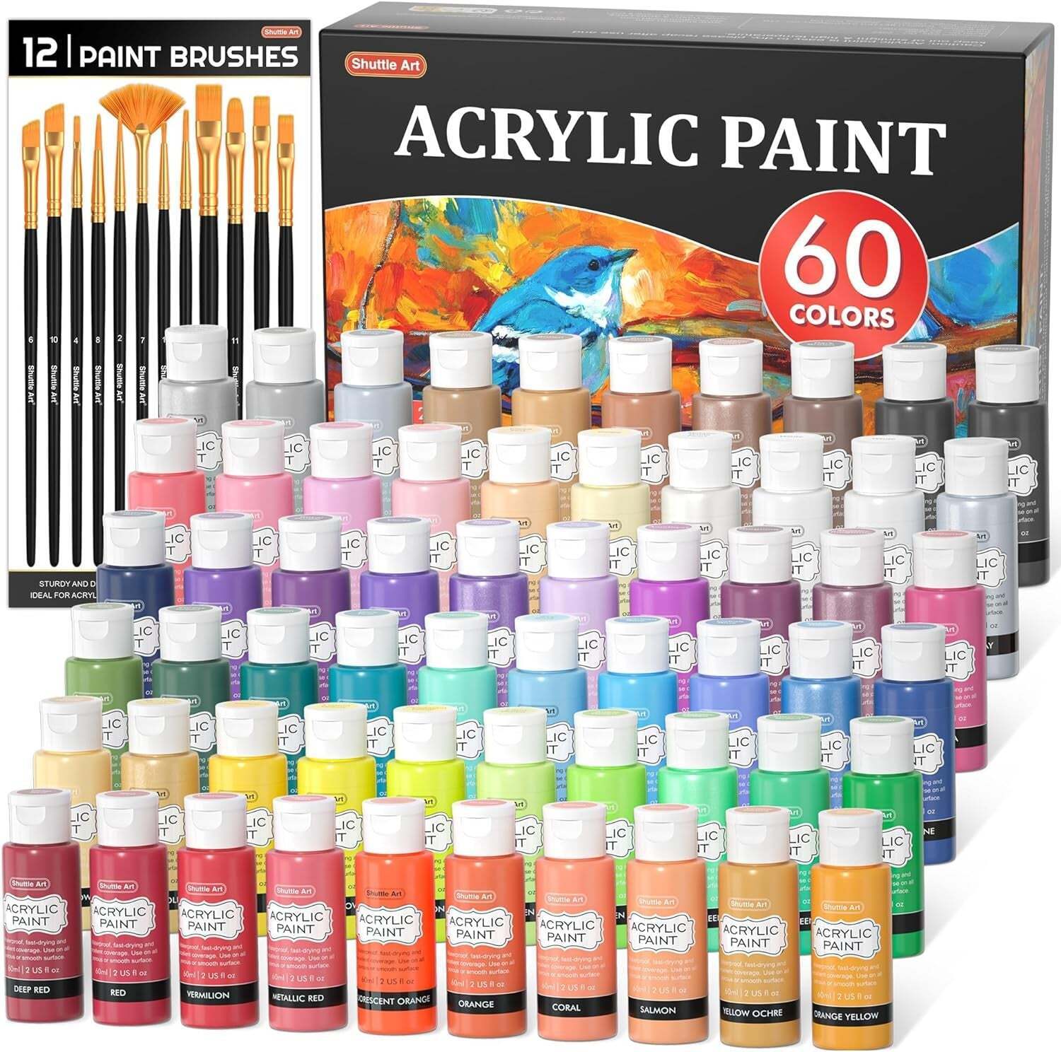 72 Pack Acrylic Paint Set, 60 Colors Acrylic Paint Including Extra White Black &