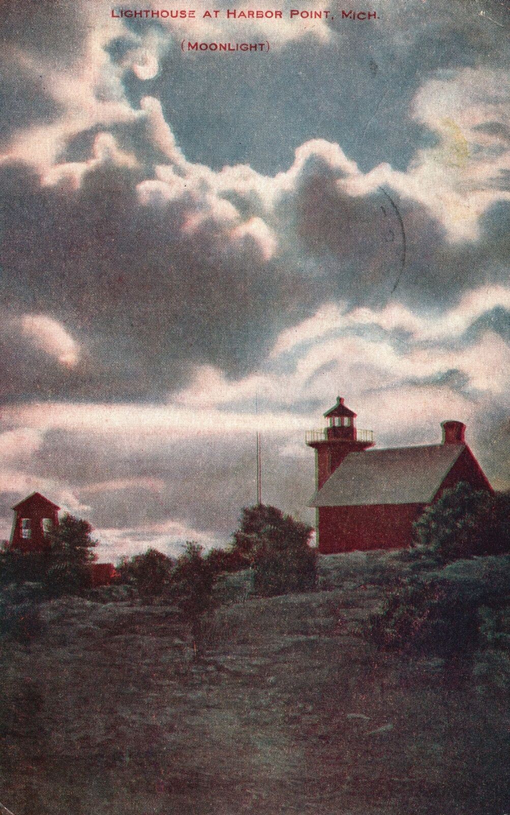 Vintage Postcard 1910's Lighthouse Moonlight at Harbor Point Michigan V.O. Hammo