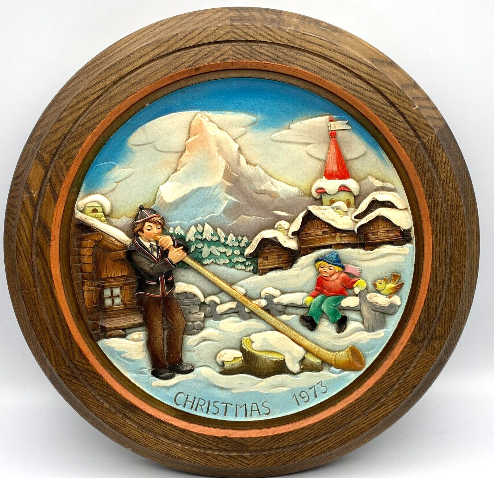 Vintage Anri Christmas Day 1973 Alphorn Wooden Wood Carved Wall Plate 0823 Italy