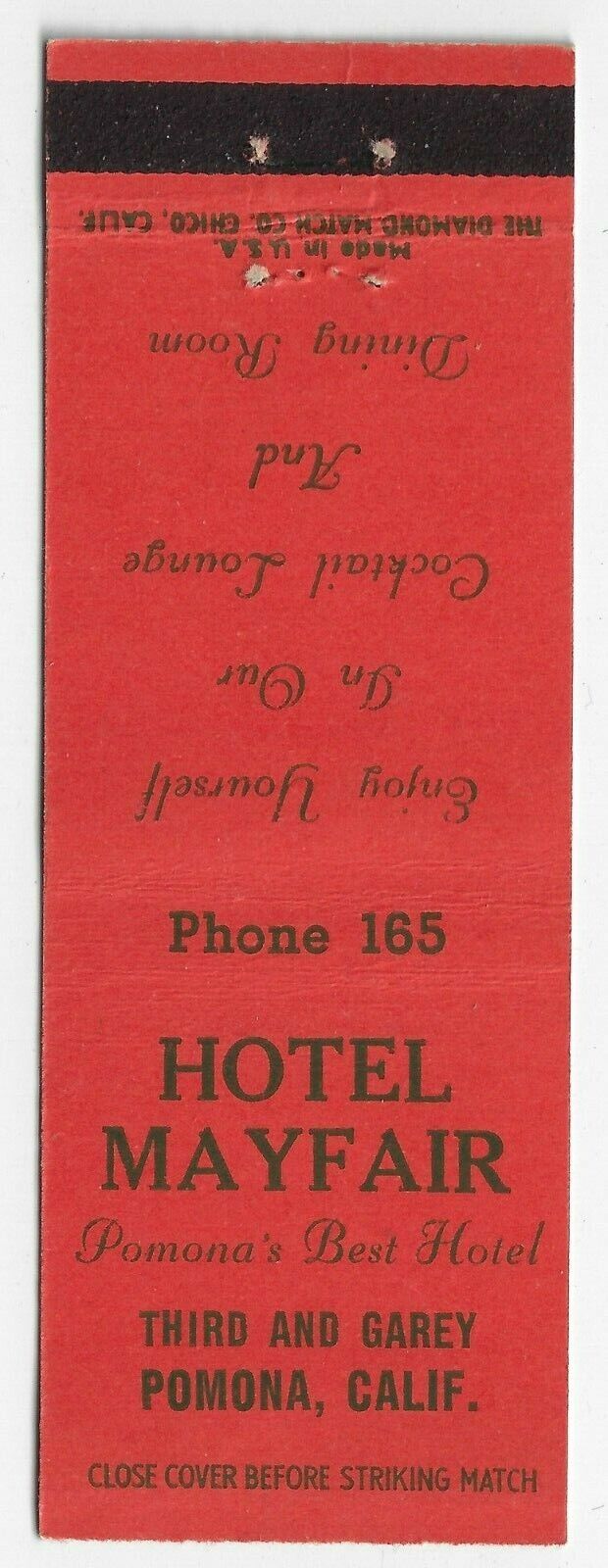 Hotel Mayfair Pomona Calif. Phone 165 Empty Matchcover