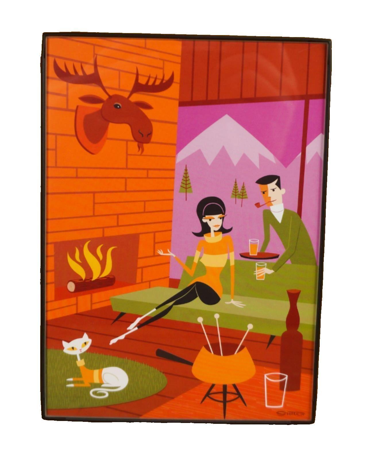 Shag Josh Agle Christmas Card Framed Happy Fondue Season Art Print Pop Tiki