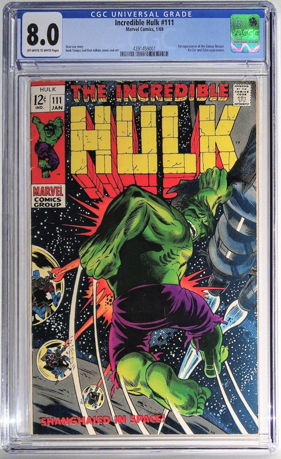 Incredible Hulk 111 (1969) CGC 8.0 VERY FINE. 1st appearance of Galaxy Master