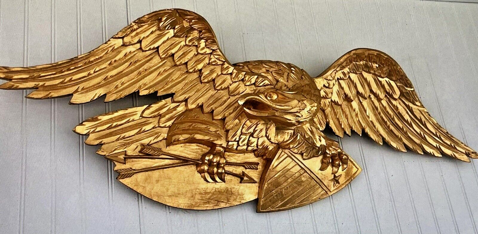 Hand Carved American Bald Eagle Patriotic Shield Wall Sculpture Gold FolkArt 44\