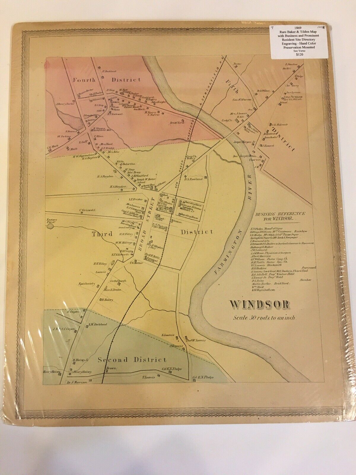 ANTIQUE 1869  WINDSOR, CT., HAND COLORED MAP. CLEAN & IN GOOD CONDITION