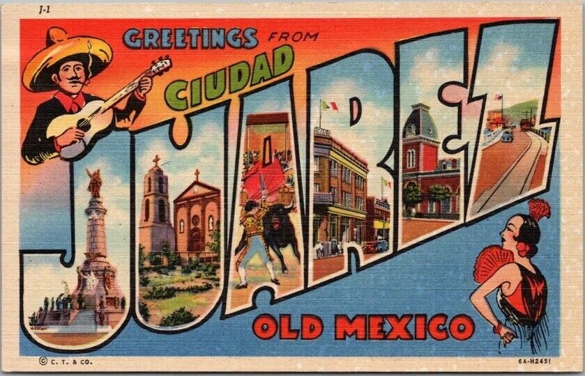 Vintage CIUDAD JUAREZ Mexico Large Letter Postcard Curteich Linen c1936 / Unused