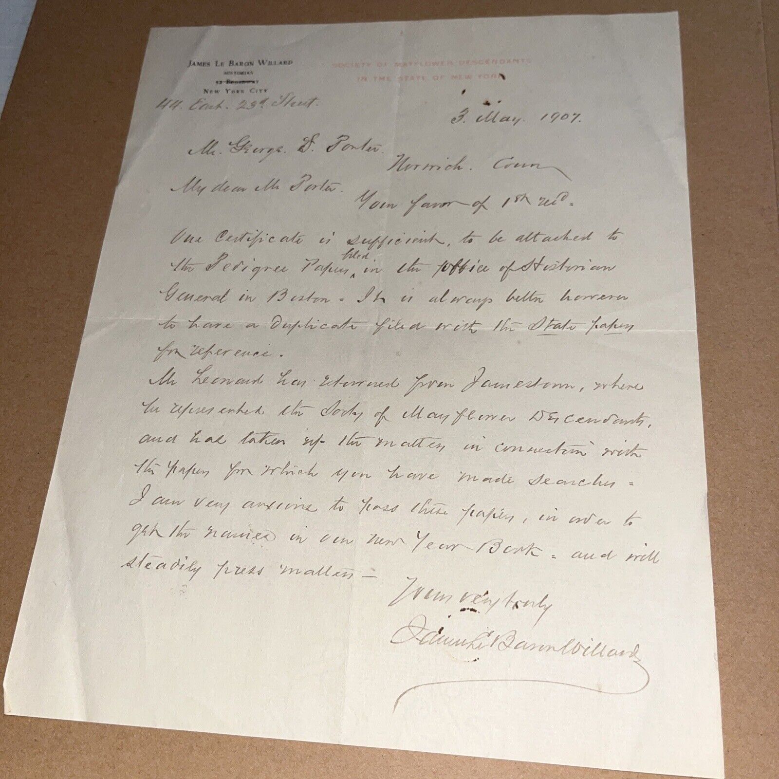 1907 Letter from Society of Mayflower Descendants - Porter Norwich CT Genealogy