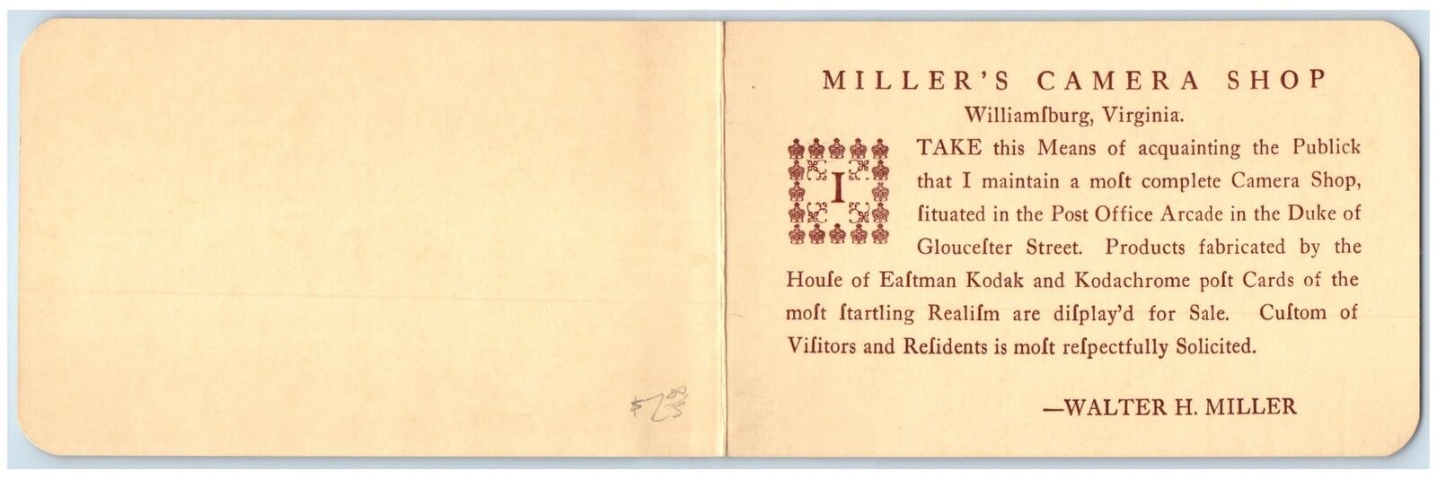 c1905's Miller's Camera Shop Photos Williamsburg Virginia Advertising Postcard