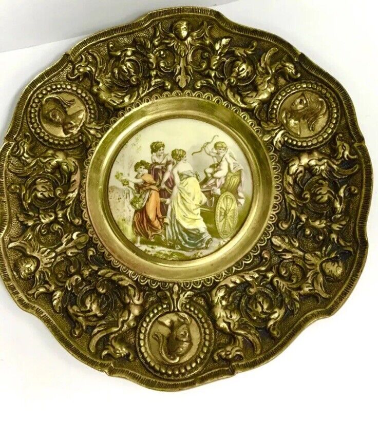 Vintage Ornate Bronze Brass Wall / Table Plaque Porcelain Plate Victorian Style