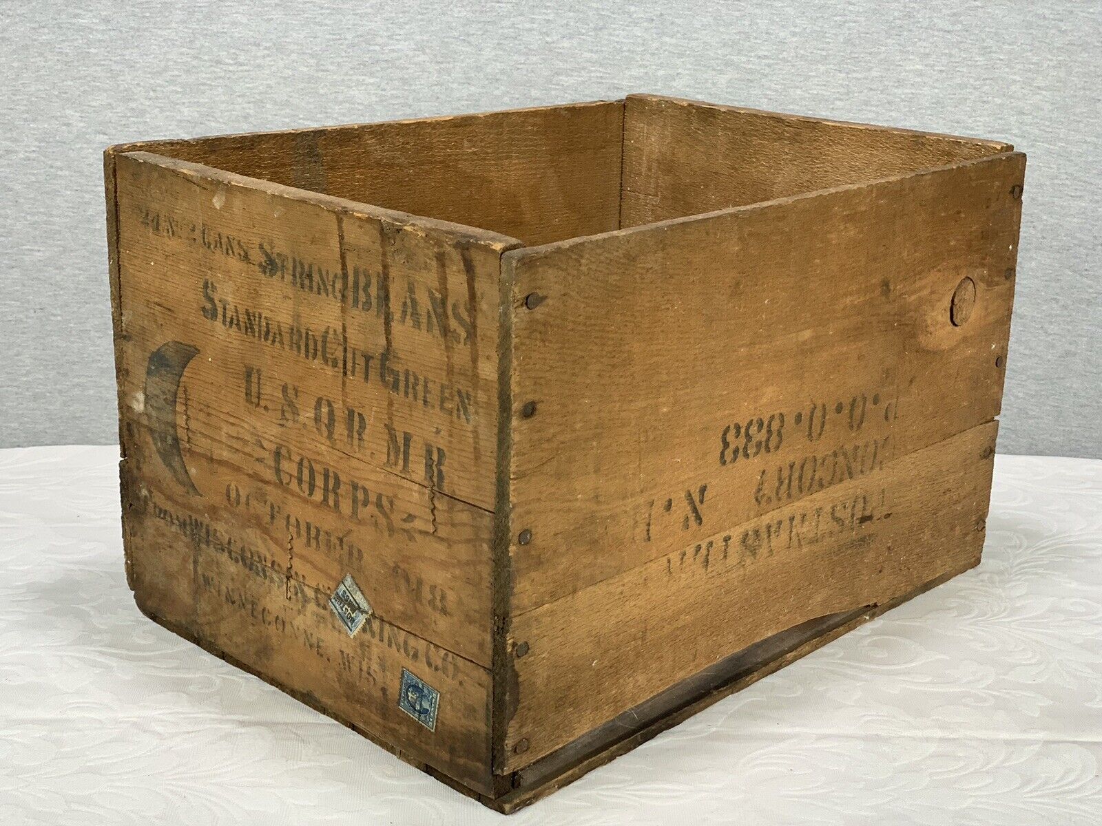 Antique WWI Wooden Supply Crate W/ Original Shipping Stamps USQRMR String Beans