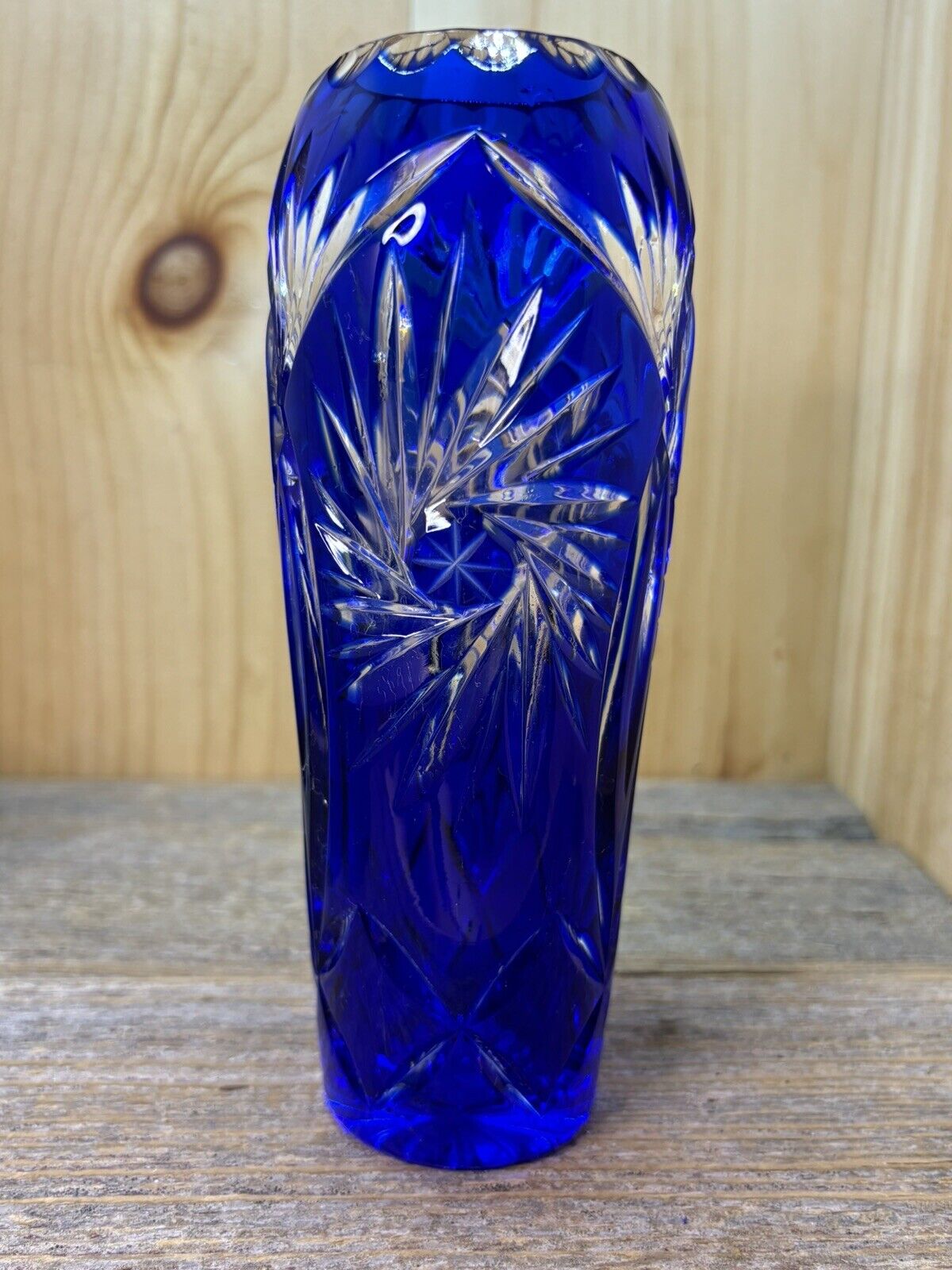 Vintage Bohemian Cobalt Blue Cut to Clear Vase Stunning Blue No Chips