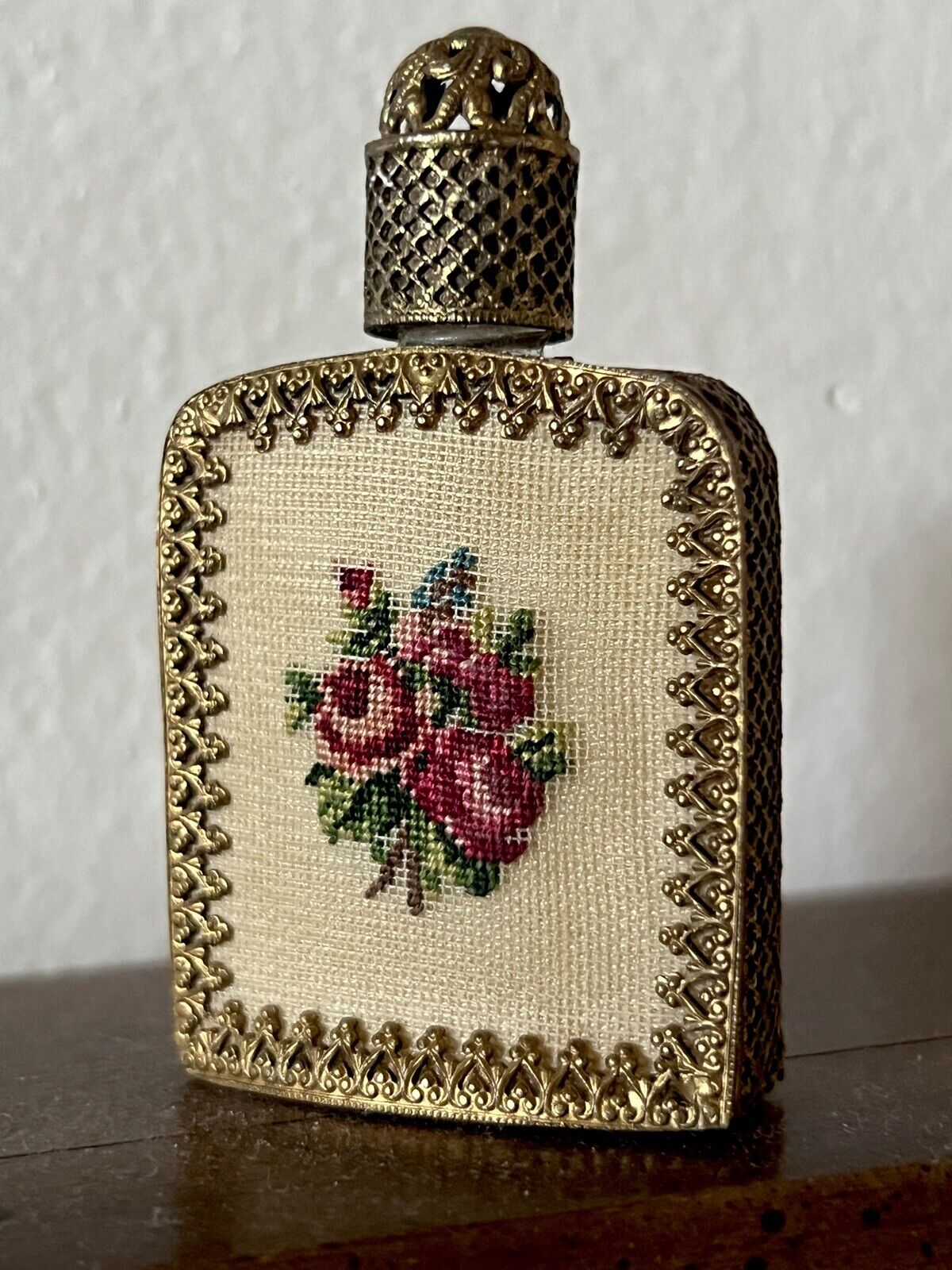 Perfume Bottle Miniature Austria Needlepoint Glass Dauber Roses