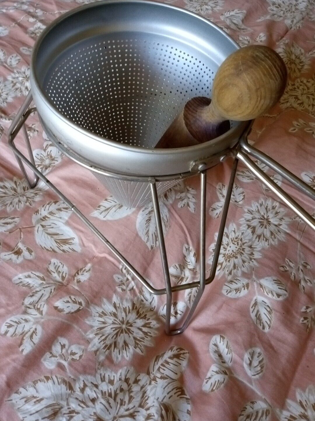 3 Piece Vintage Aluminum And Wood Sieve On Stand