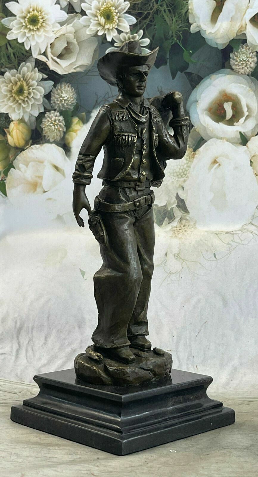 Western Style Art Decor Cowboy W/his Horse Saddle and Gun Bronze Gift Statue Art