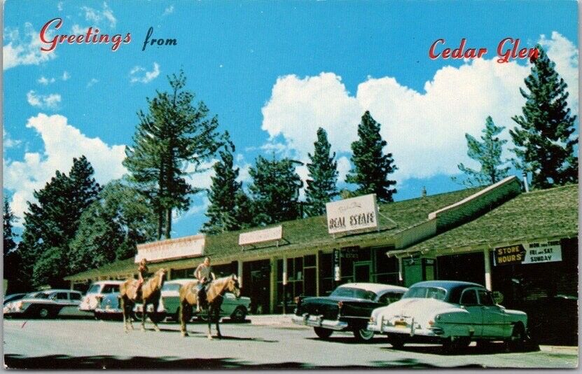 Vintage CEDAR GLEN, California Postcard Main Street Scene / Horses & 1950s Cars