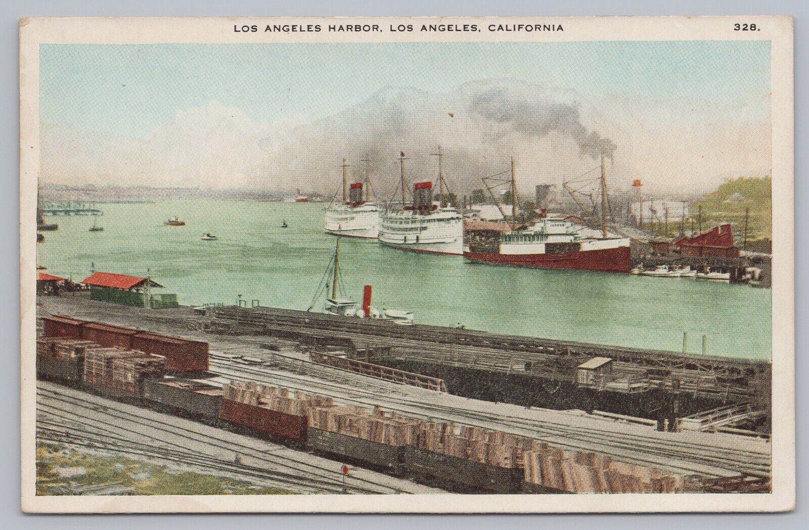 c 1910 Los Angeles Harbor California Vtg Postcard Steamships Trains Rail Yard