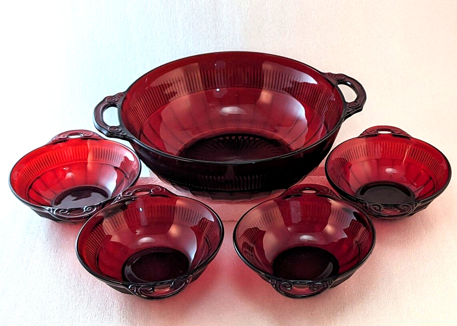 Set of 5 Anchor Hocking Royal Ruby Coronation Glass Bowls with Handles