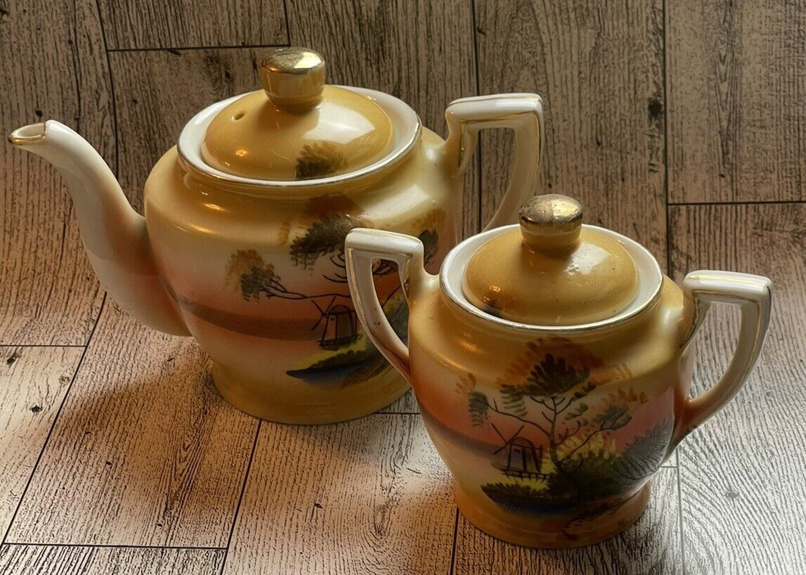 VINTAGE Japan Lusterware Hand Painted Teapot & Sugar Bowl Midcentury Porcelain
