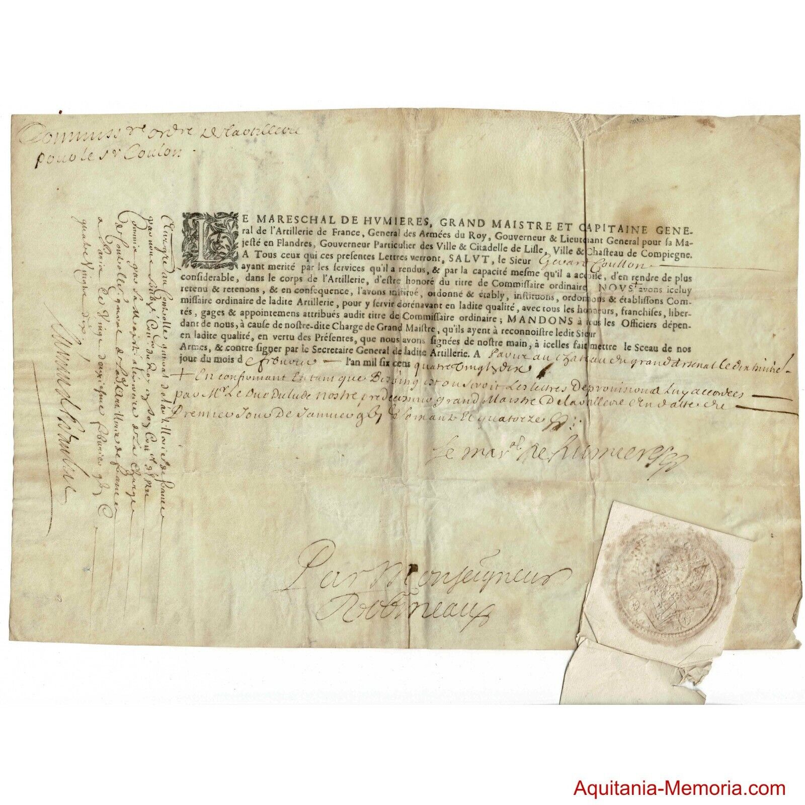Louis de Crevant, Grand Master of Artillery of France Commission Letter