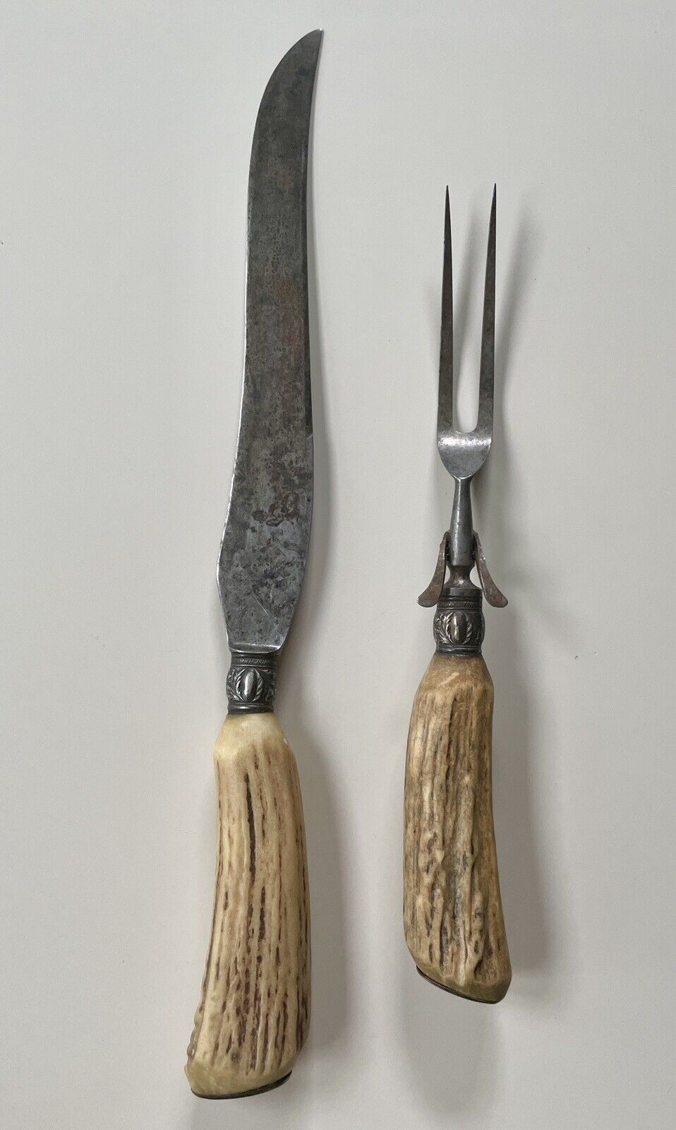 VTG Antique WM. A. Rogers Stag Antler Horn Bone Carving Set Knife Fork New York