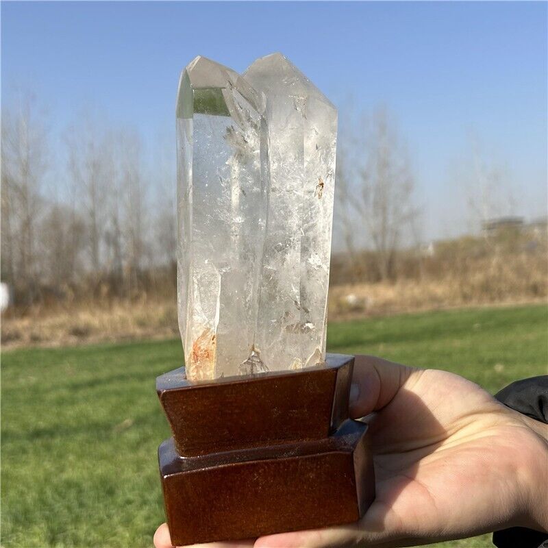 970g Natural clear quartz Obelisk Quartz Crystal Point Wand gem +Stand WA537