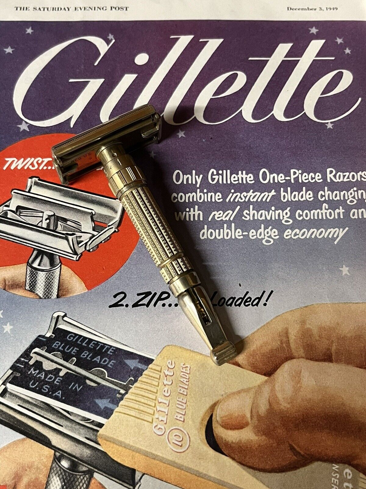 Vintage Gillette Adjustable Toggle Gold Safety Razor 1958 D-1 Very Clean