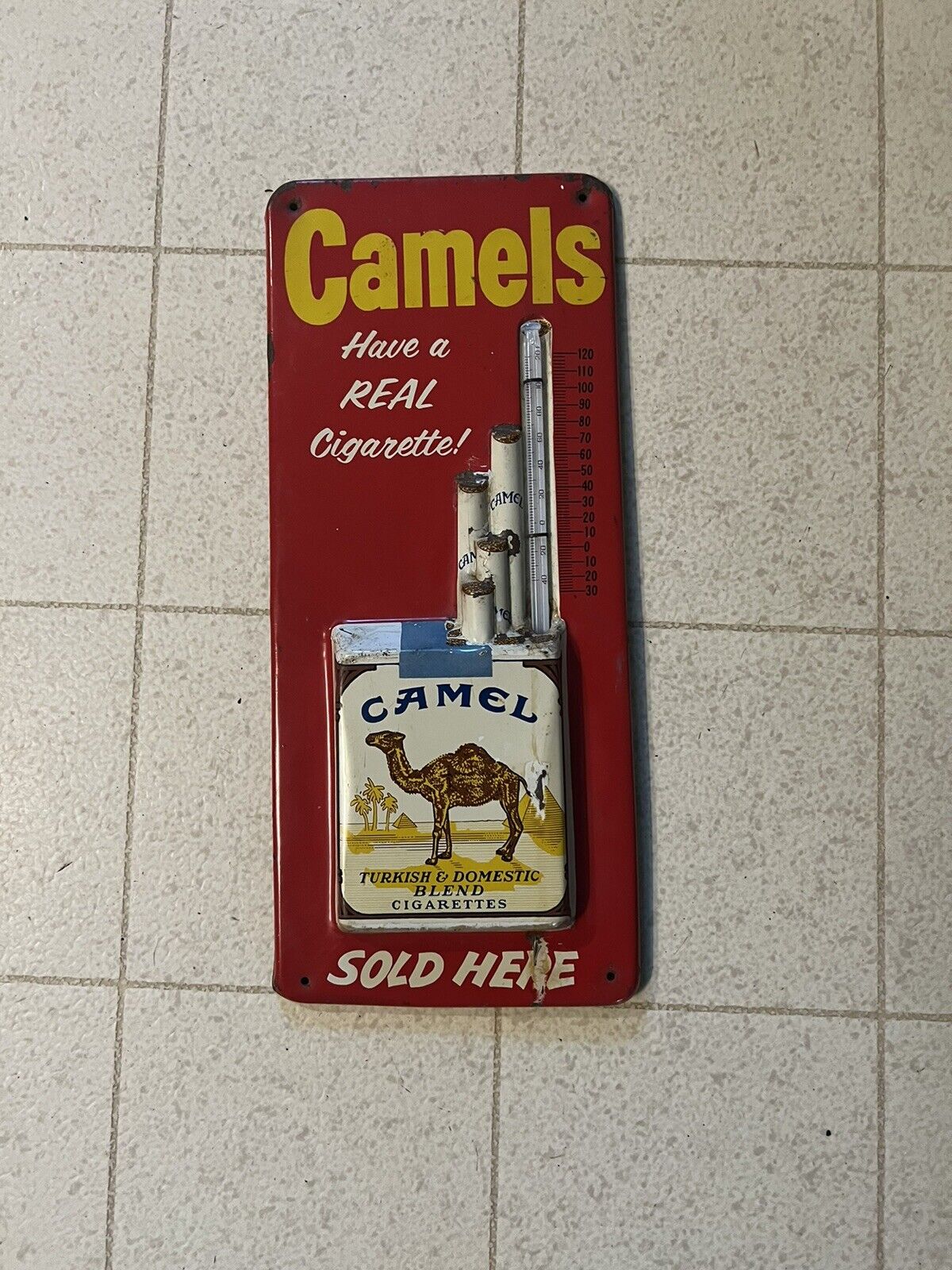 VINTAGE 1950'S EMBOSSED CAMEL NO FILTER CIGARETTES SOLD HERE METAL THERMOMETER