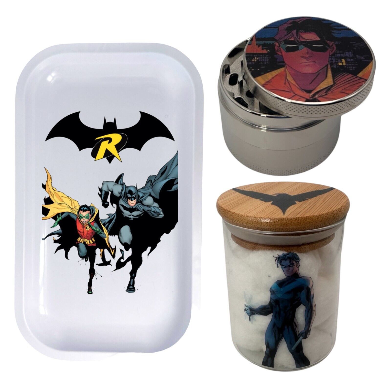 Bat Superhero Comic Spice Grinder, Stash Jar, Rolling Tray Set