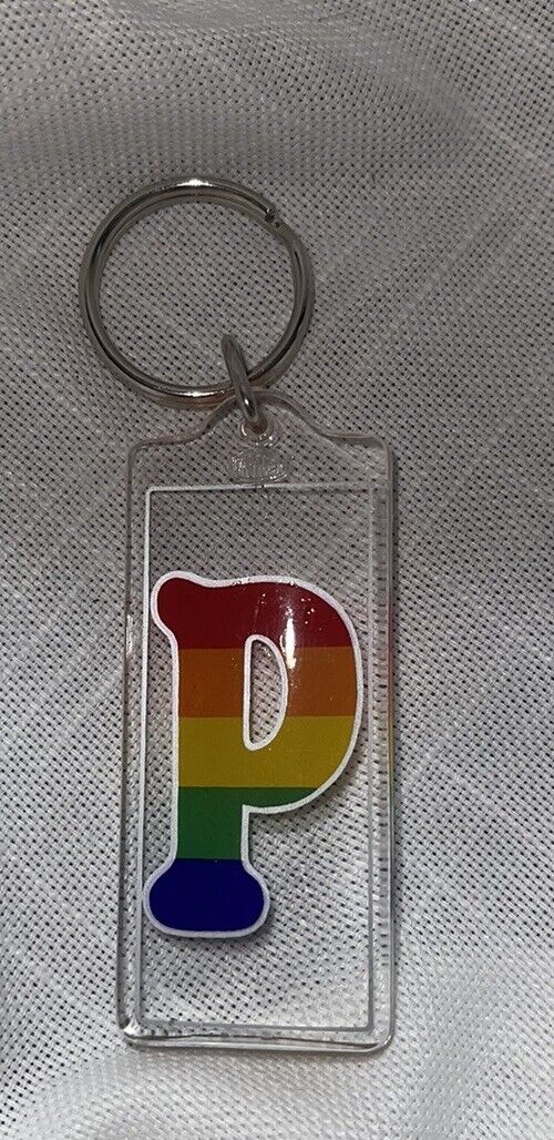 VTG Key Ring Fob Rainbow P Lucite Plastic Initial Made In Korea