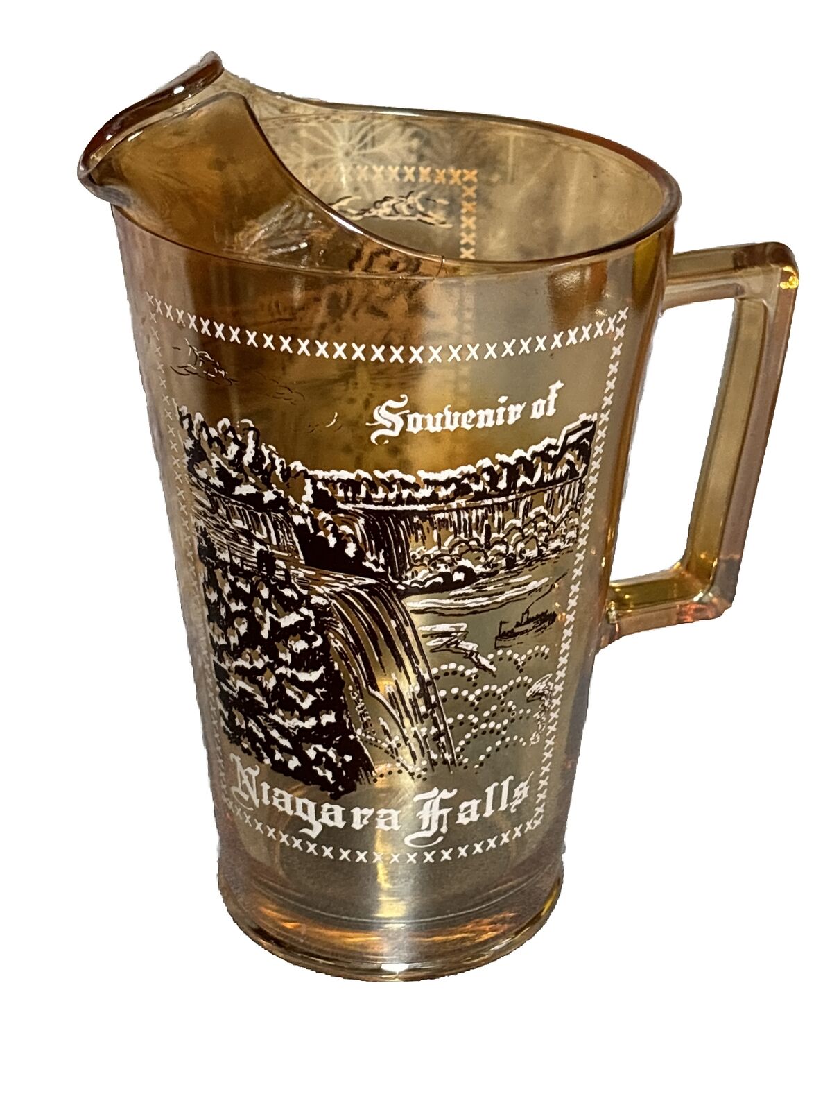 Vintage  Jeannette Carnival Glass Marigold Pitcher Souvenir Of Niagara Falls